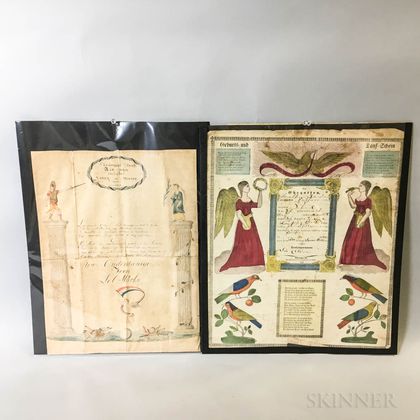 Two Hand-colored Fraktur Prints and a Dutch Document
