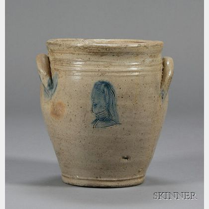 Cobalt Decorated Stoneware Jar With Incised Heads