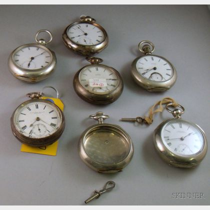 Six Waltham Coin, Sterling, and Silveroid Open Face Key-wind Pocket Watches and a Silveroid Case