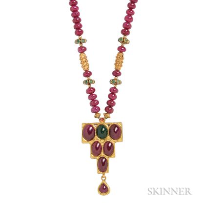 Gold, Ruby, and Emerald Pendant Necklace