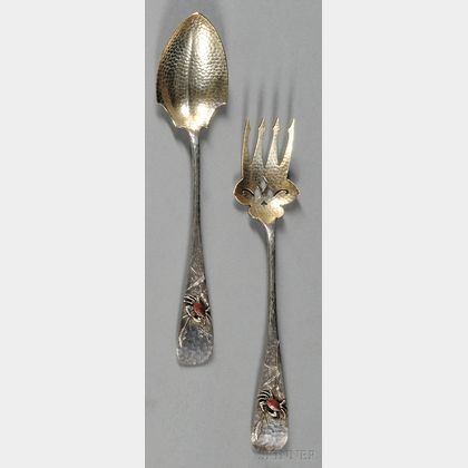 Pair of Whiting Sterling and Copper Aesthetic Movement Salad Servers