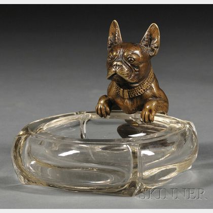 French Bulldog Bronze and Glass Ashtray