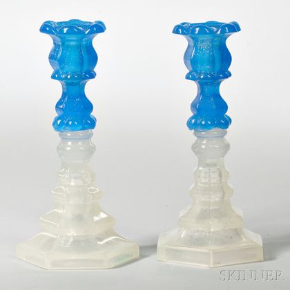 Pair of Clambroth and Blue Pressed Glass Candlesticks