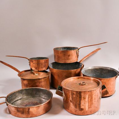 Seven French Copper Pots. Estimate $200-400