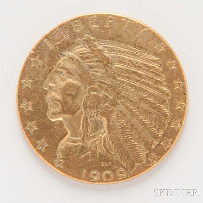1909 $5 Indian Head Gold Coin. Estimate $300-400