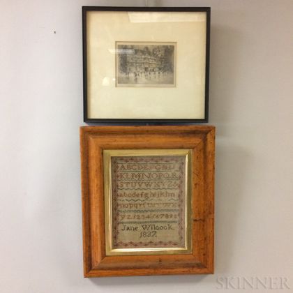 Framed Needlework Sampler "Jane Wilcock" and an Etching of a Town Square