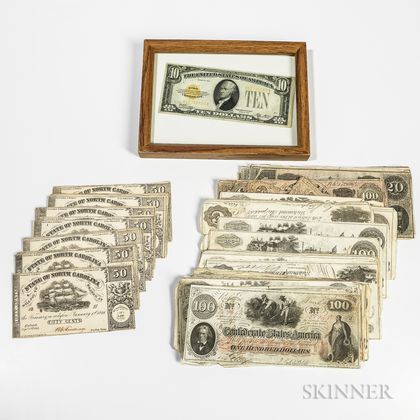 Group of Confederate and Southern States Currency and a Framed 1928 $10 Gold Certificate