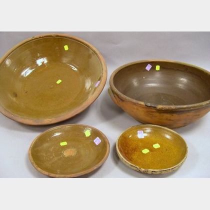 Large Country Glazed Pottery Milk Pan, Bowl, and Two Small Bowls. 