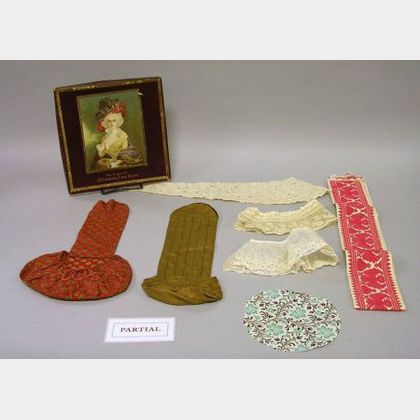 Group of Assorted 19th and 20th Century Printed Textile Fragments, Lace, Trim, Small Articles, Notions, Etc. 