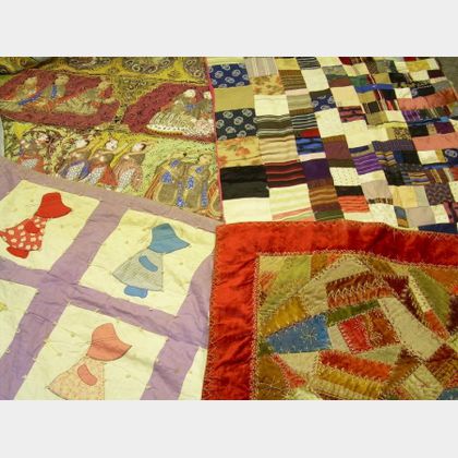Asian Textile Panel, an Embroidered Crazy Quilt, a Pieced Silk Quilt, and a Pieced Cotton Quilt. 