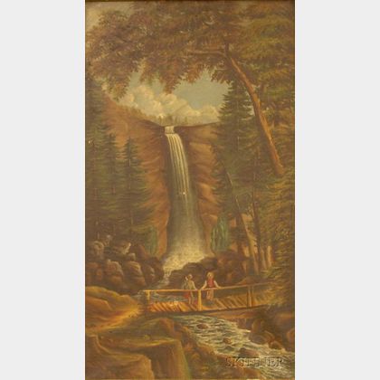Framed Oil on Canvas Primitive View of Figures by a Waterfall, Possibly Vernal Falls, Yosemite