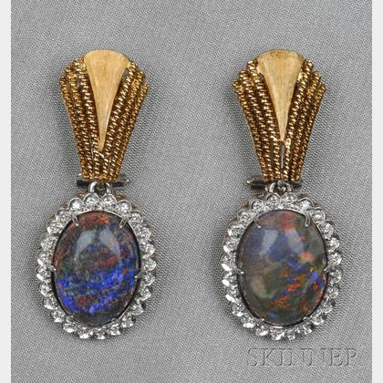 18kt Gold, Synthetic Opal, and Diamond Earclips