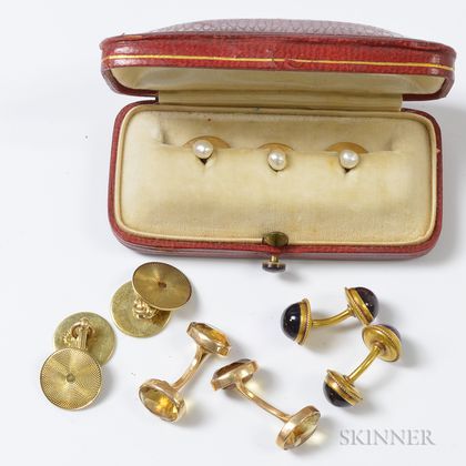 Three Pairs of 14kt Gold Cuff Links and Three Pearl Shirt Studs