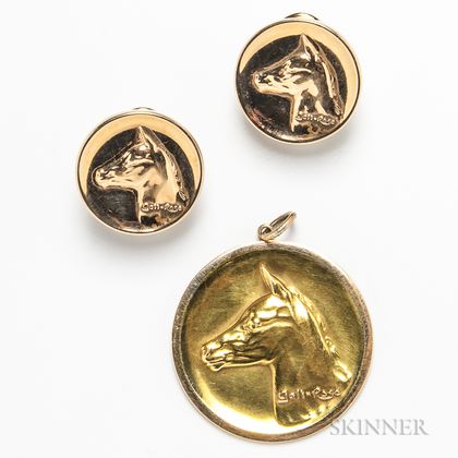14kt Gold Pendant and Pair of Earclips Depicting the Horse Gali-Rose
