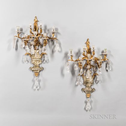 Pair of Bronze and Rock Crystal Seven-light Wall Sconces