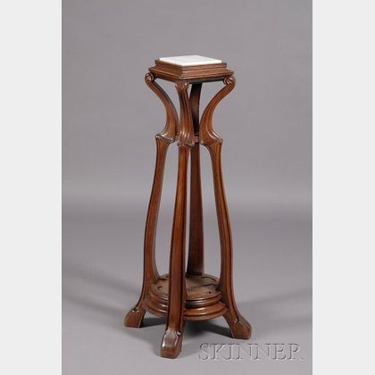 French Art Nouveau Carved Walnut and Marble-top Pedestal