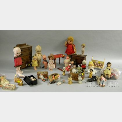 Lot of Assorted Mostly Small Modern Plastic, Bisque, and Porcelain Dolls, Figures, and Four Pieces of Wooden Do... 