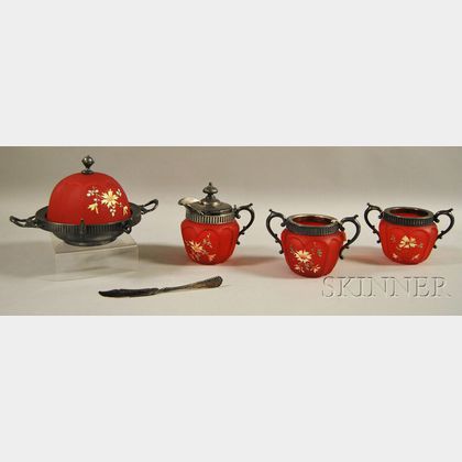 Four-piece Floral-decorated Metal-mounted Red Satin Glass Table Set
