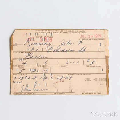 Kennedy, John F. (1917-1963) Application for Driver's License, Signed 2 July 1959.