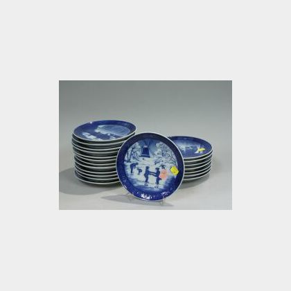 Collection of Thirty-four Royal Copenhagen and Bing & Grondahl 1980-1990s Blue and White Porcelain Christmas Plates. 