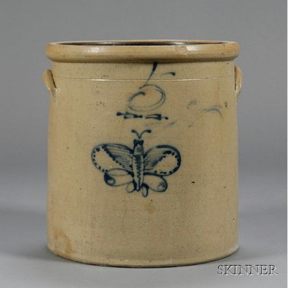 Cobalt Decorated Stoneware Crock with Butterfly
