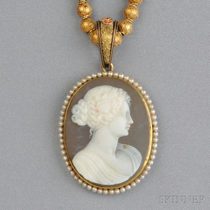 Etruscan Revival 14kt Gold Bead Necklace and Hardstone Cameo Pendant