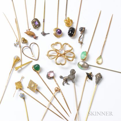 Group of Gem-set Stickpins and a 14kt Gold and Moonstone Flower Brooch