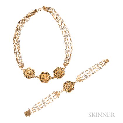 Gold and Enamel Necklace and Bracelet