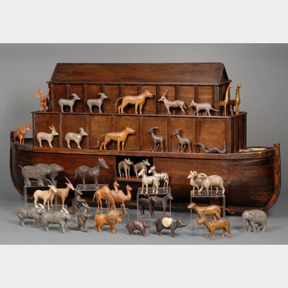 Large Wooden Ark with Carved and Polychrome-painted Wooden Animals