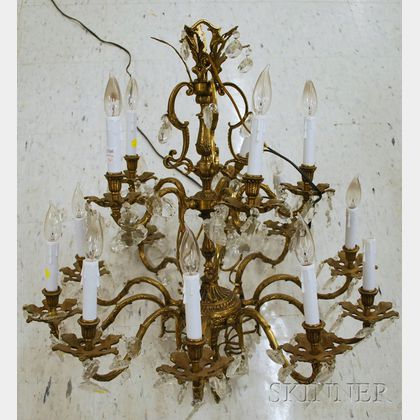 Baroque-style Cast Brass and Colorless Cut Glass Double-tier Fifteen-light Chandelier
