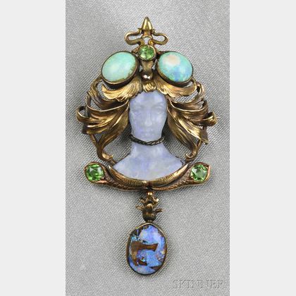 Art Nouveau 18kt Gold, Carved Opal, and Demantoid Garnet Figural Brooch