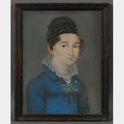 American School, Early 19th Century Portrait of a Woman Wearing a Blue Gown Adorned with a Posy of Violets.