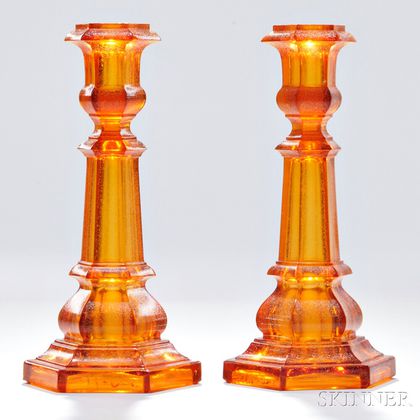 Pair of Light Amber Pressed Glass Columnar Candlesticks