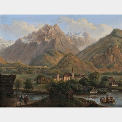 Marcus Pernhart (Austrian, 1824-1871) Mountain Valley with Church, River, and Distant Village