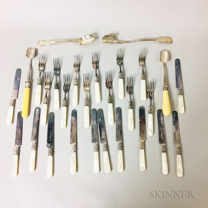 Group of Mother-of-pearl-handled Knives and Forks and Four Silver-plated Cheese Scoops. Estimate $100-200