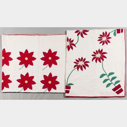 Two Hand-stitched Floral Applique Quilts
