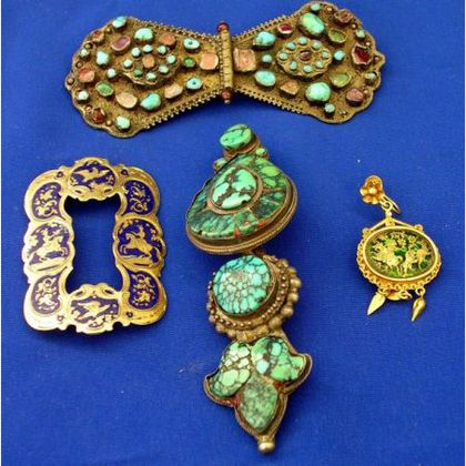 Indian Enamel Pin, Single Thewa Work Earpendant, Gem-set Asian Pin, and an Asian Turquoise Pendant. 