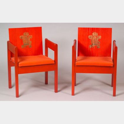 Pair of English Mid-20th Century Modern Red Stained Laminated Plywood Armchairs