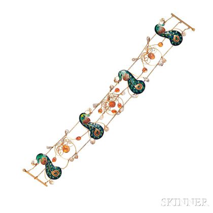 Arts and Crafts Enamel, Fire Opal, and Freshwater Pearl Dog Collar, 