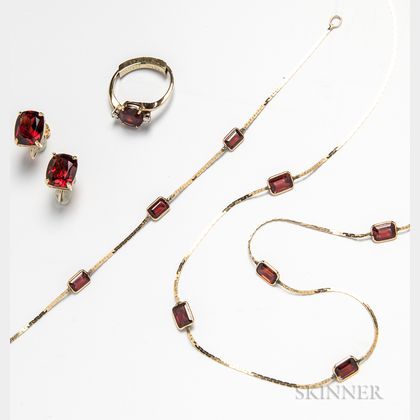 14kt Gold and Garnet Necklace, Bracelet, Ring, and Earclips