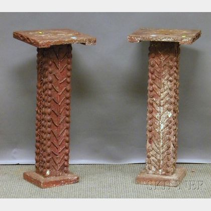 Pair of Painted Tramp Art Peach Pit and Twig-mounted Wooden Pedestals