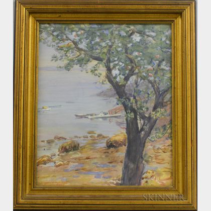 Jeannette McMullin (American, 19th/20th Century) Coastal Scene with Foreground Apple Tree
