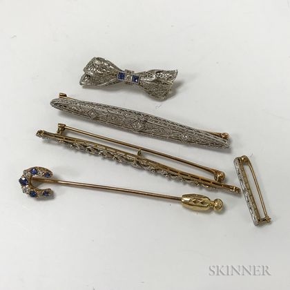 Five 14kt Gold and Diamond Brooches