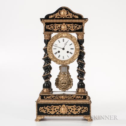 Gilt-metal-mounted and Ebonized Portico Mantel Clock