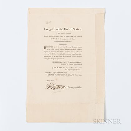 Jefferson, Thomas (1743-1826) Printed Document Signed, 2 August 1790.