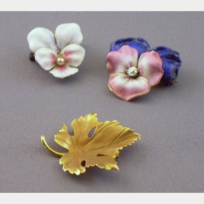 Two Enamel Pansy Brooches and 14kt Gold Leaf Brooch