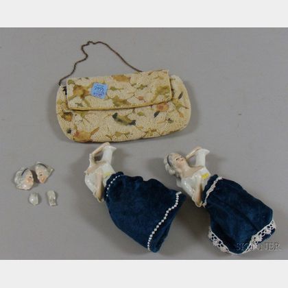 Two Porcelain Pincushion Dolls and a Beaded Purse. 