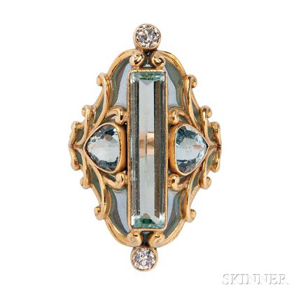 Art Nouveau 18kt Gold, Aquamarine, and Plique-a-Jour Enamel Ring, Marcus & Co.