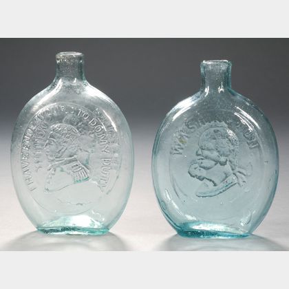 Two Aquamarine Bust of Washington/Taylor Historical Glass Flasks
