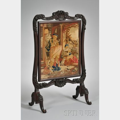 Victorian Carved Walnut Firescreen with Needlepoint 19th Century European Family Scene Panel